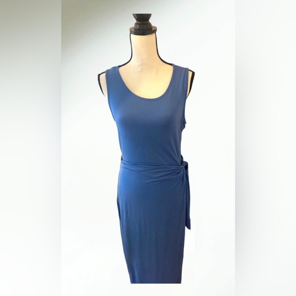 Calvin Klein Midi Sheath Wrap Dress Jersey Knit in Blue Size Medium - Picture 2 of 9